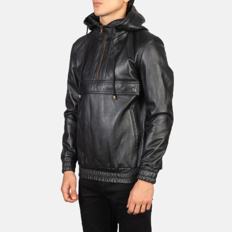 Mens Kenton Hooded Black Leather Pullover Jacket Side Pose-3-1634134542331